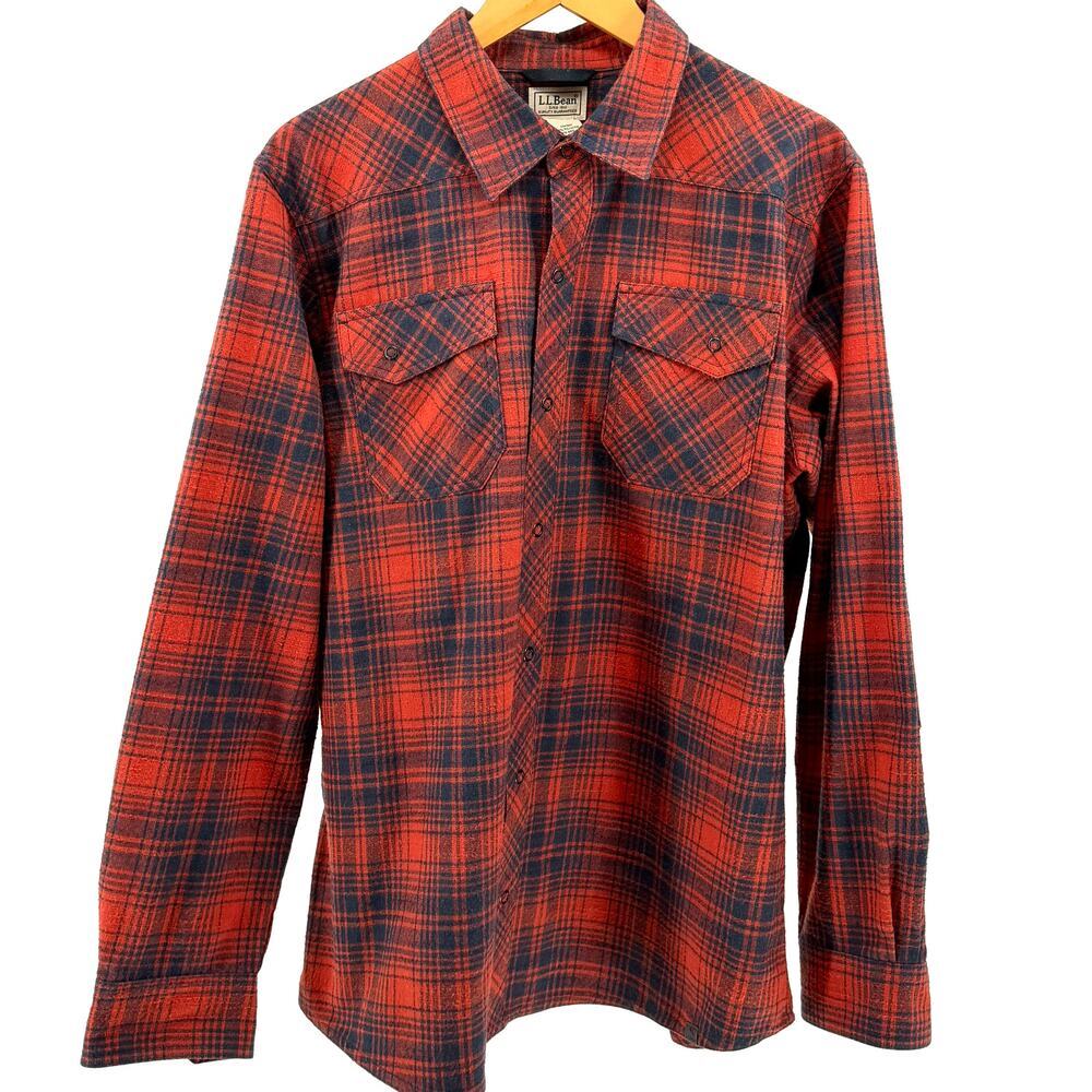 L.L. Bean Red Navy Plaid Snap Front Reinforced Shoulder Flannel Shirt